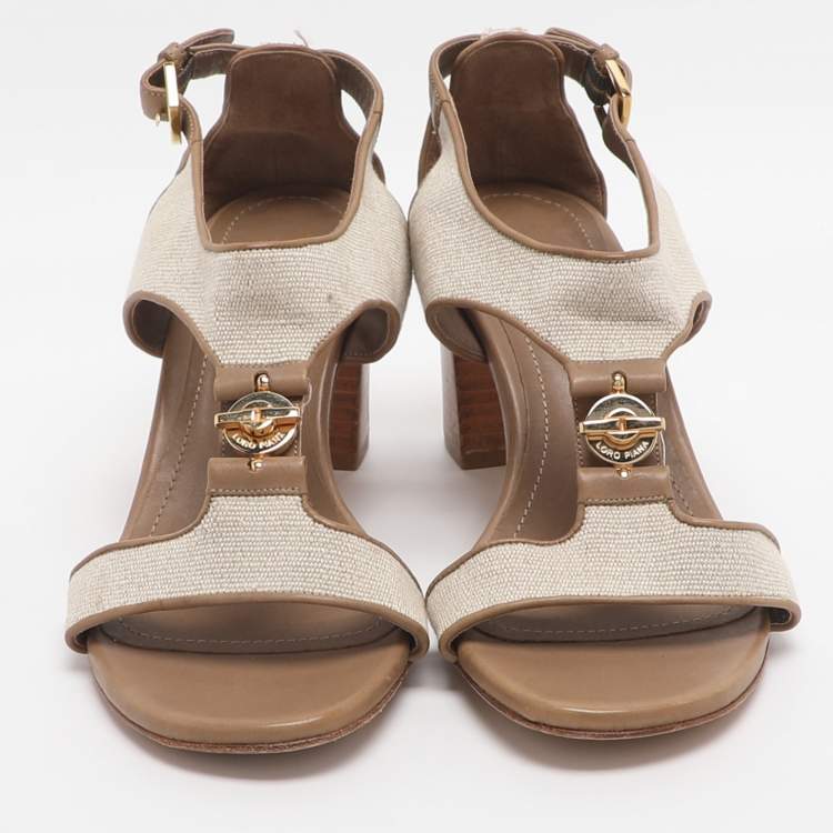 Pre Owned Loro Piana Size 37 Beige Canvas and Leather Ankle Strap Sandals
