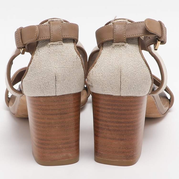 Pre Owned Loro Piana Size 37 Beige Canvas and Leather Ankle Strap Sandals