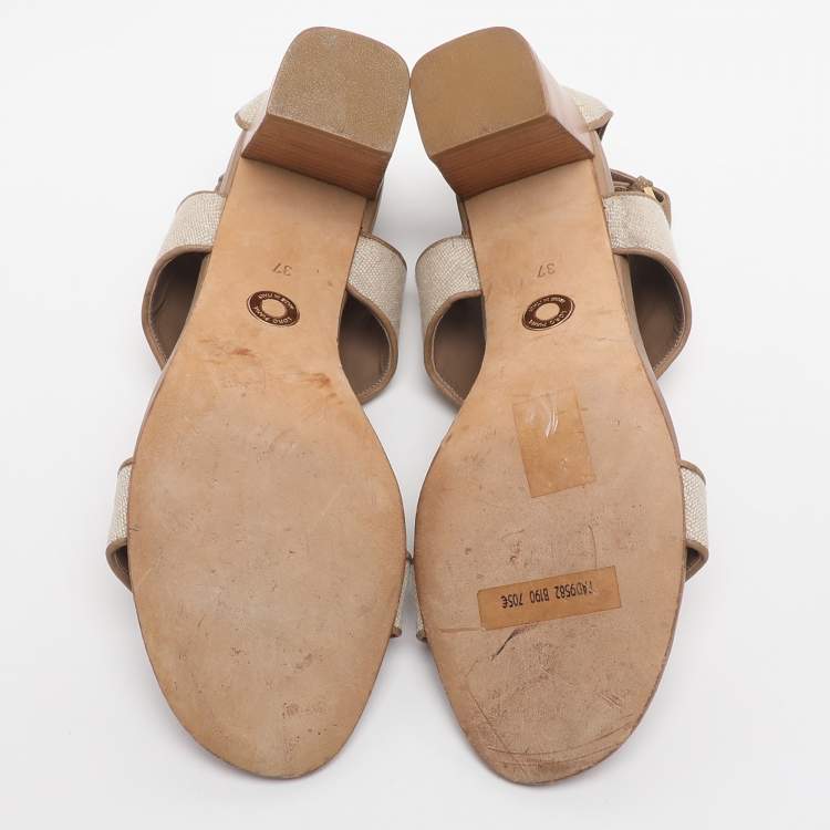 Pre Owned Loro Piana Size 37 Beige Canvas and Leather Ankle Strap Sandals