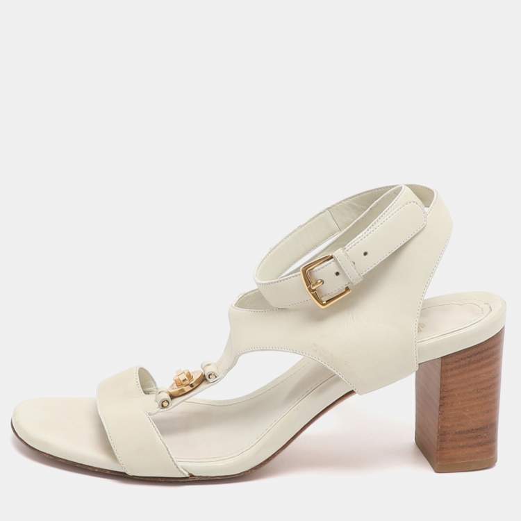 Pre Owned Loro Piana Size 37 Ivory Leather Ankle Strap Sandals