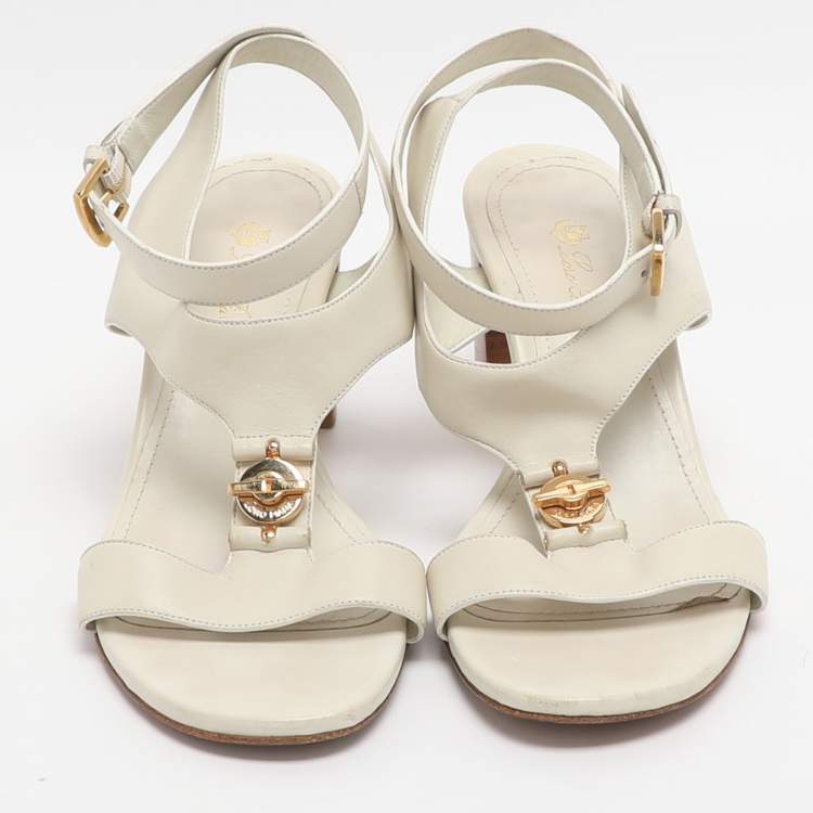 Pre Owned Loro Piana Size 37 Ivory Leather Ankle Strap Sandals