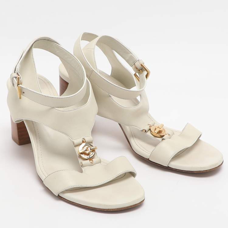 Pre Owned Loro Piana Size 37 Ivory Leather Ankle Strap Sandals