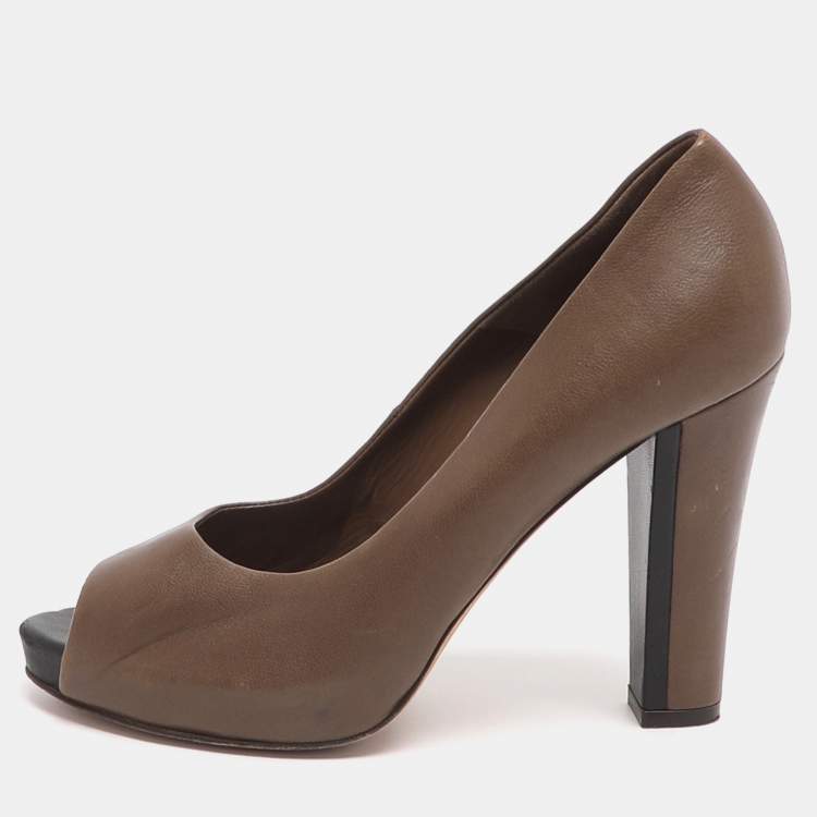 Pre Owned Loro Piana Size 37 Brown Leather Peep Toe Pumps