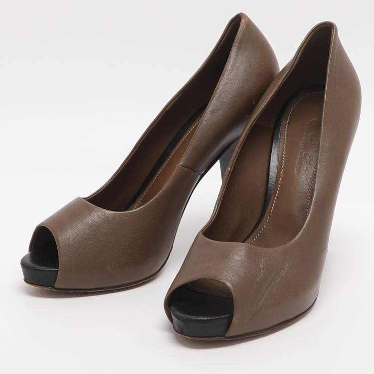 Pre Owned Loro Piana Size 37 Brown Leather Peep Toe Pumps