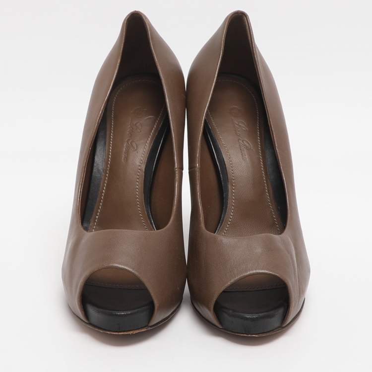 Pre Owned Loro Piana Size 37 Brown Leather Peep Toe Pumps
