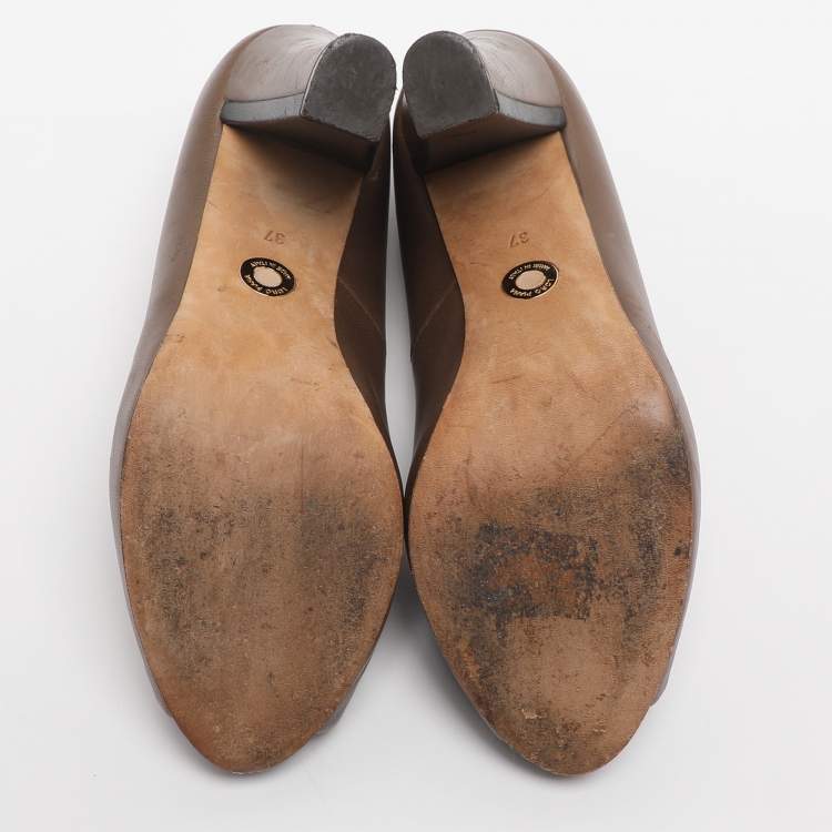 Pre Owned Loro Piana Size 37 Brown Leather Peep Toe Pumps