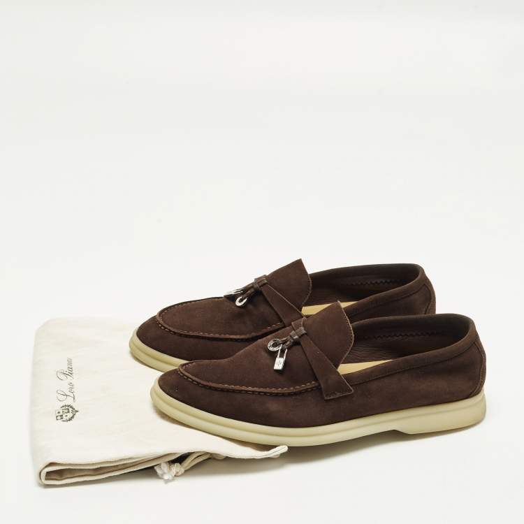 Pre Owned Loro Piana Summer Charms Walk Size 37.5 Dark Brown Suede Loafers