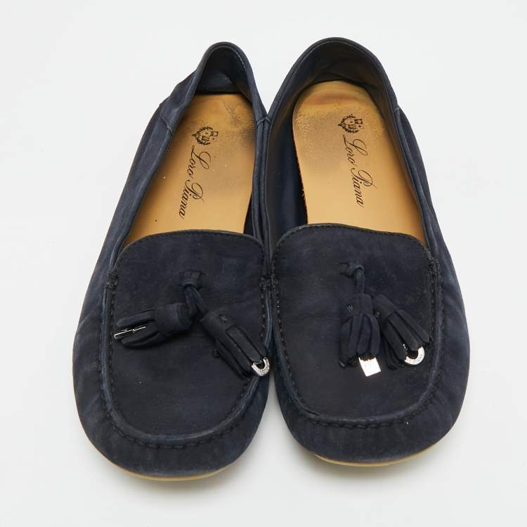 مملوكة مسبقًا Loro Piana Size 38 Navy Blue Suede Tassel Dot Sole Walk Slip On Loafers 