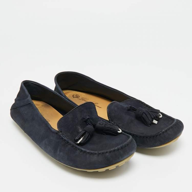مملوكة مسبقًا Loro Piana Size 38 Navy Blue Suede Tassel Dot Sole Walk Slip On Loafers 