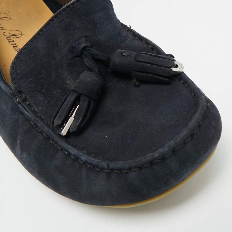 مملوكة مسبقًا Loro Piana Size 38 Navy Blue Suede Tassel Dot Sole Walk Slip On Loafers 
