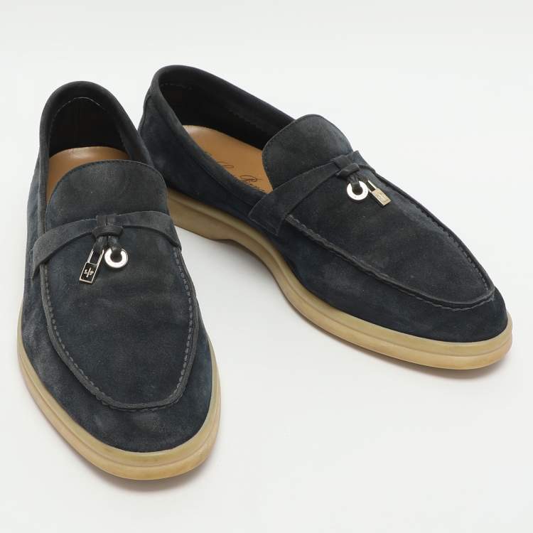 Pre Owned Loro Piana Summer Charms Walk Size 38 Blue Suede Loafers