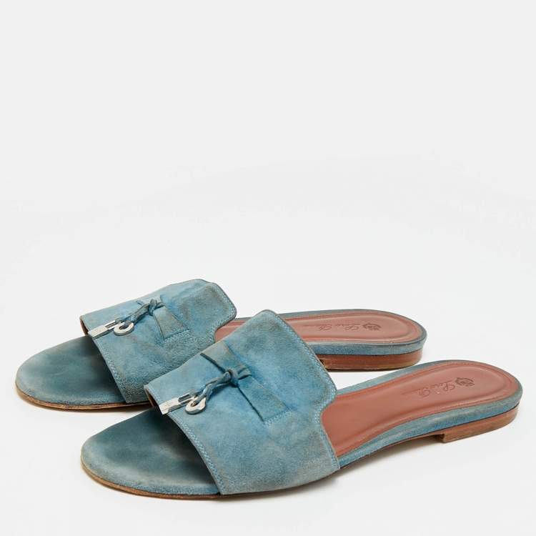 Pre Owned Loro Piana Summer Charms Size 38 Blue Suede Flat Slide