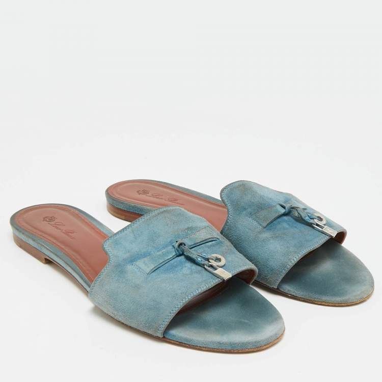Pre Owned Loro Piana Summer Charms Size 38 Blue Suede Flat Slide