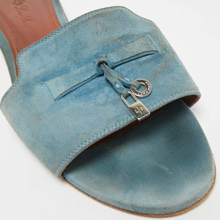 Pre Owned Loro Piana Summer Charms Size 38 Blue Suede Flat Slide