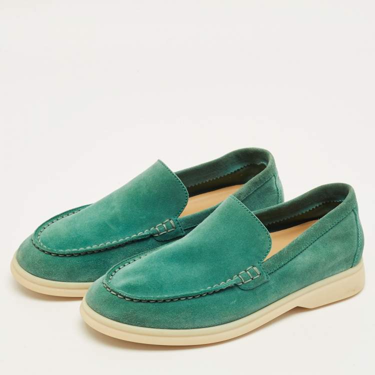 Pre Owned Loro Piana Summer Charms Walk Size 34 Green Suede Loafers