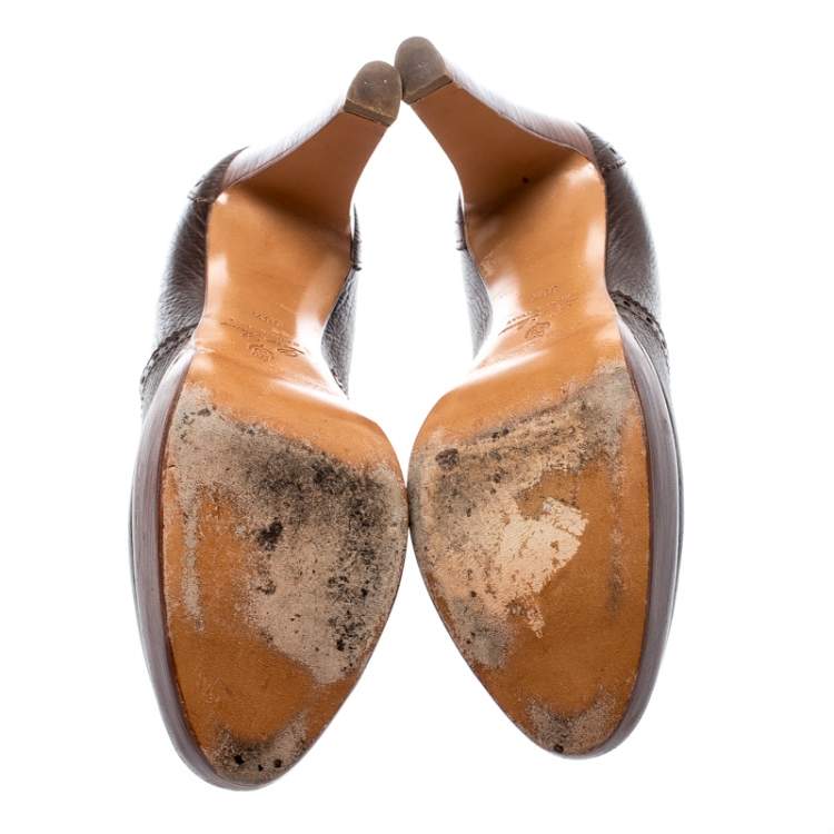Pre Owned Loro Piana Brown Brogue Leather Platform Pumps Size 38.5