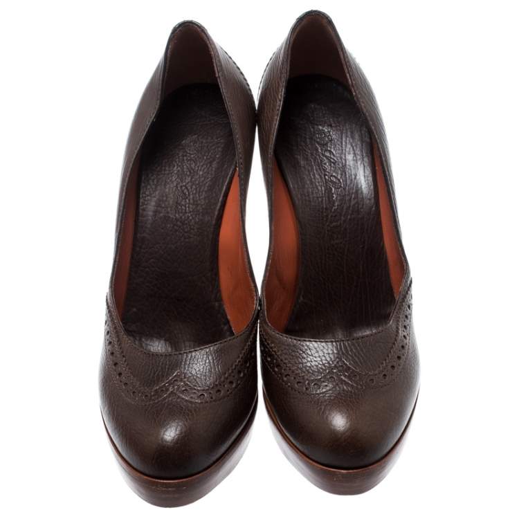 Pre Owned Loro Piana Brown Brogue Leather Platform Pumps Size 38.5