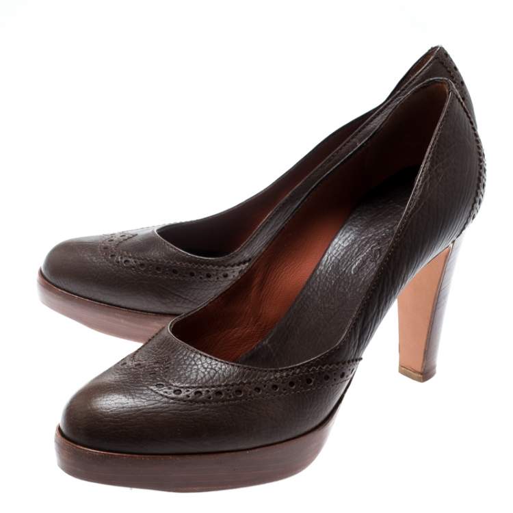 Pre Owned Loro Piana Brown Brogue Leather Platform Pumps Size 38.5