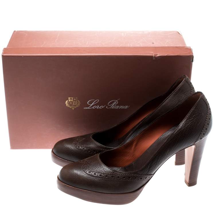 Pre Owned Loro Piana Brown Brogue Leather Platform Pumps Size 38.5