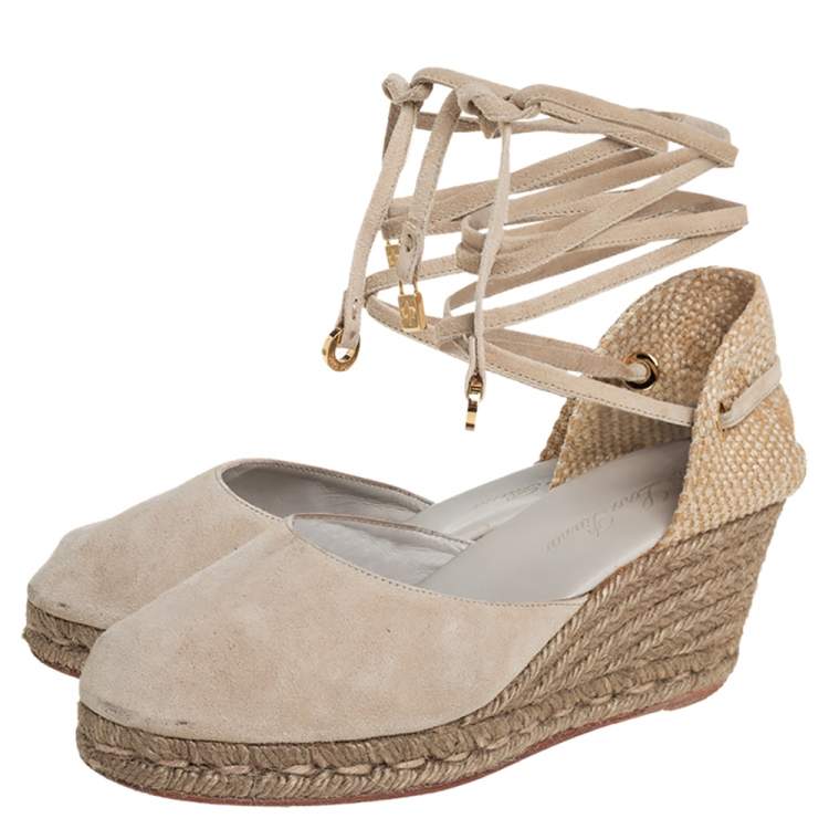 Pre Owned Loro Piana Beige Suede And Jute Wedge Ankle Wrap Espadrilles Size 36