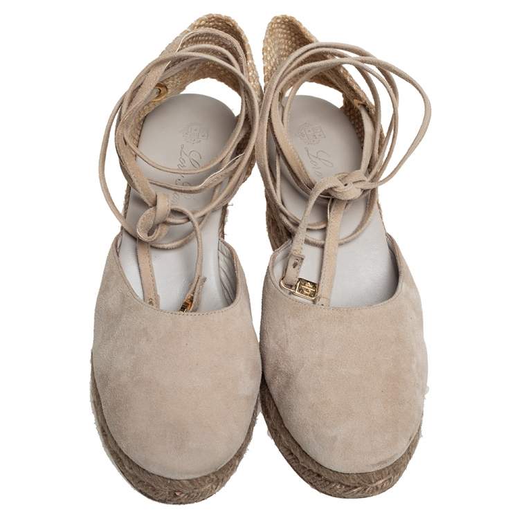 Pre Owned Loro Piana Beige Suede And Jute Wedge Ankle Wrap Espadrilles Size 36
