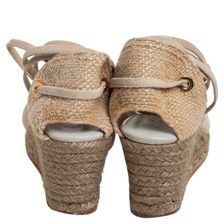 Pre Owned Loro Piana Beige Suede And Jute Wedge Ankle Wrap Espadrilles Size 36