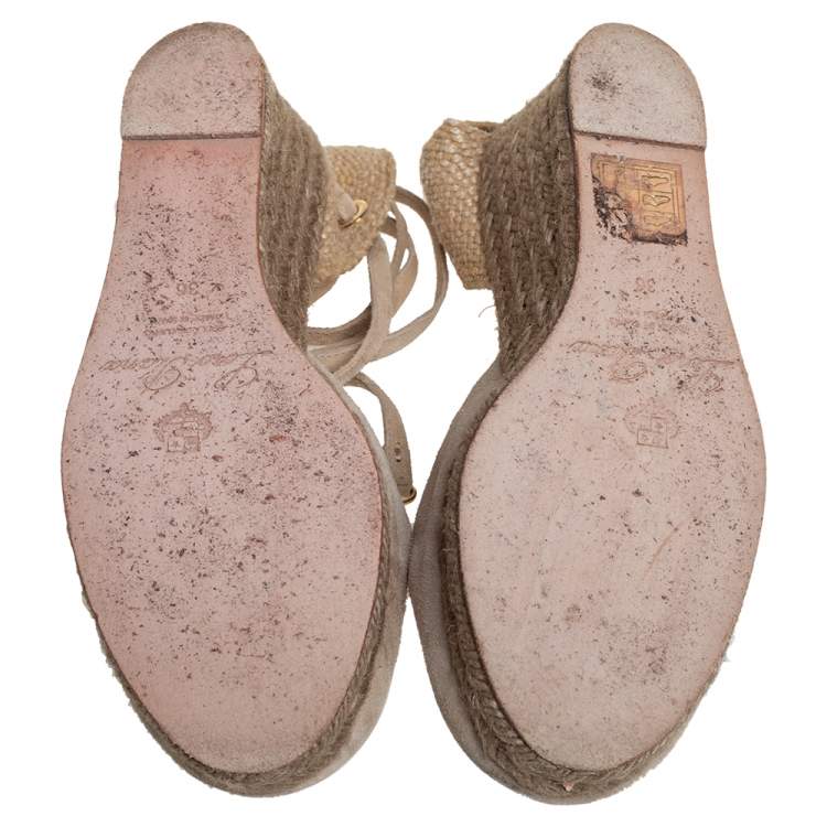Pre Owned Loro Piana Beige Suede And Jute Wedge Ankle Wrap Espadrilles Size 36