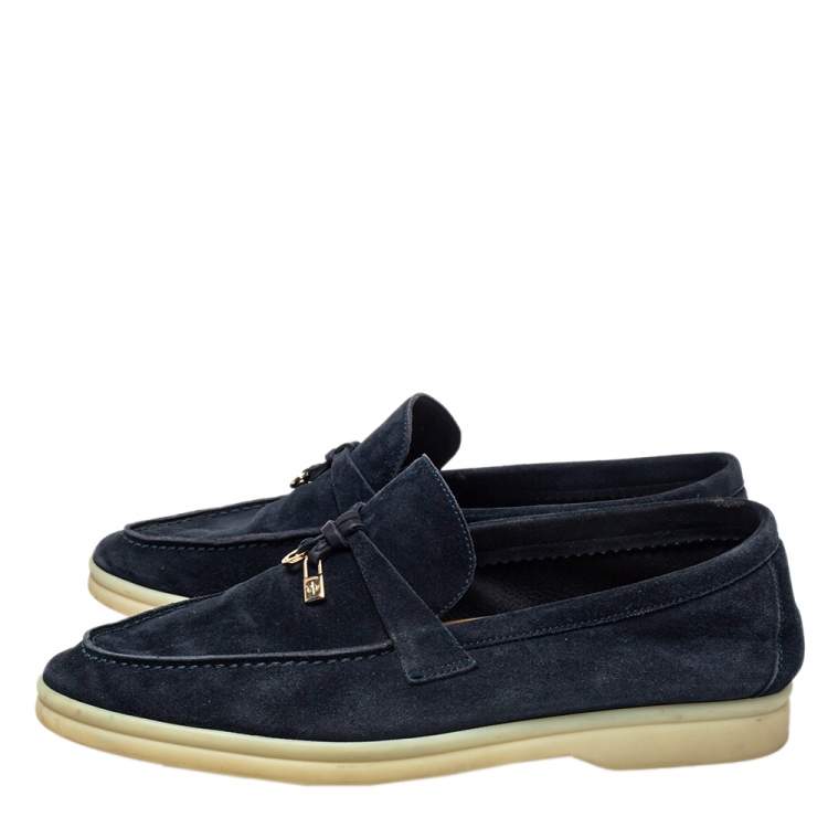 Pre Owned Loro Piana Navy Blue Suede Summer Charms Walk Slip On Loafers Size 39
