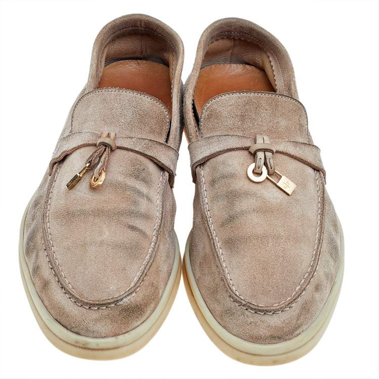 Pre Owned Loro Piana Beige Suede Summer Charms Walk Slip On Loafers Size 36.5