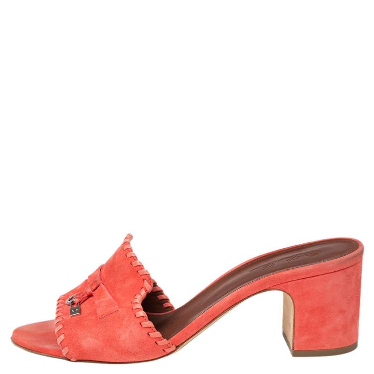 Pre Owned Loro Piana Coral Orange Suede Jovis Charm Slide Sandals Size 38.5