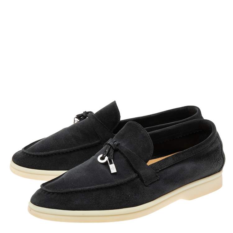 Pre Owned Loro Piana Black Suede Summer Charms Walk Slip On Loafers Size 37