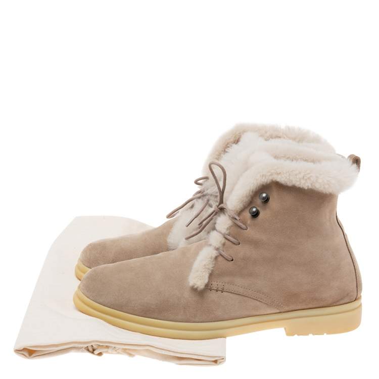 Pre Owned Loro Piana Beige Suede And Fur Open Walk Ankle Boots Size 37.5