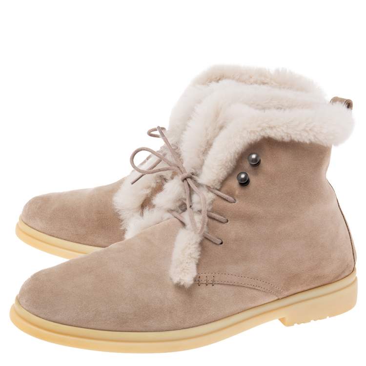 Pre Owned Loro Piana Beige Suede And Fur Open Walk Ankle Boots Size 37.5