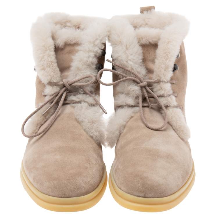 Pre Owned Loro Piana Beige Suede And Fur Open Walk Ankle Boots Size 37.5