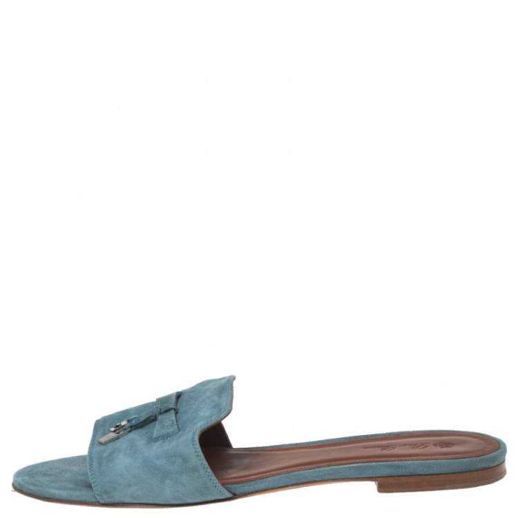 Pre Owned Loro Piana Blue Suede Summer Charm Flat Slides Size 40