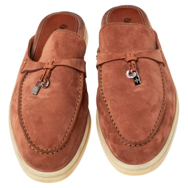 Pre Owned Loro Piana Brown Suede Babouche Charms Flat Mules Size 40.5