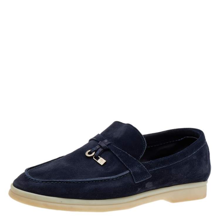 Pre Owned Loro Piana Navy Blue Suede Summer Charms Walk Slip On Loafers Size 38