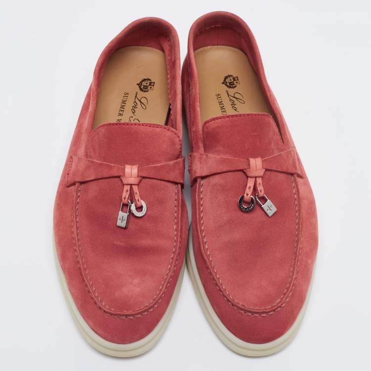 Pre Owned Loro Piana  Coral Red Suede Summer Charms Walk Loafers Size 36