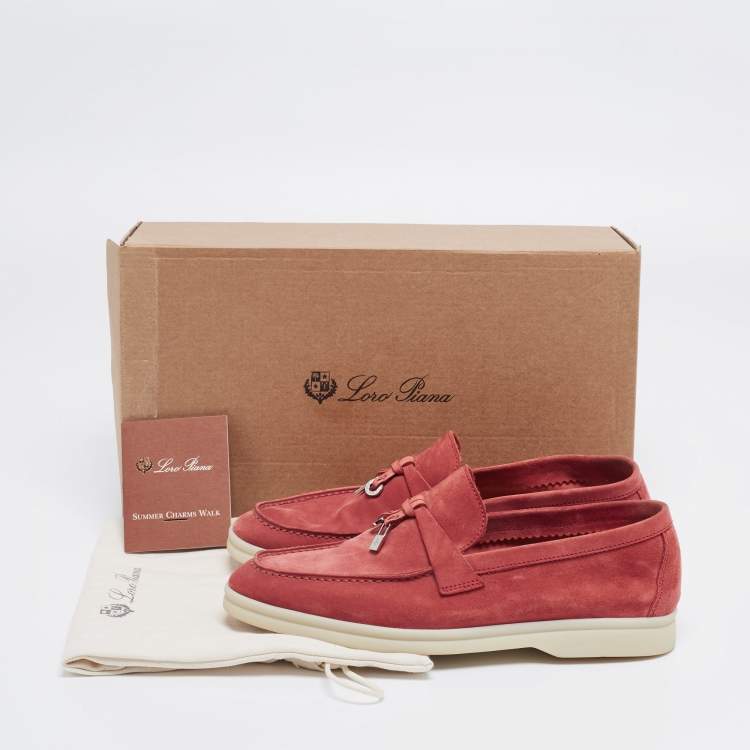 Pre Owned Loro Piana  Coral Red Suede Summer Charms Walk Loafers Size 36