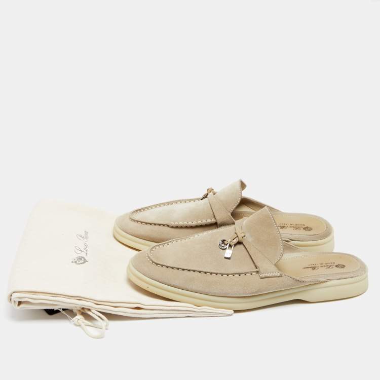 Pre Owned Loro Piana Beige Suede Babouche Charms Walk Flat Mules Size 39.5