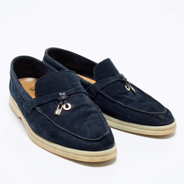 Pre Owned Loro Piana Navy Blue Suede Summer Charms Walk Loafers Size 38.5