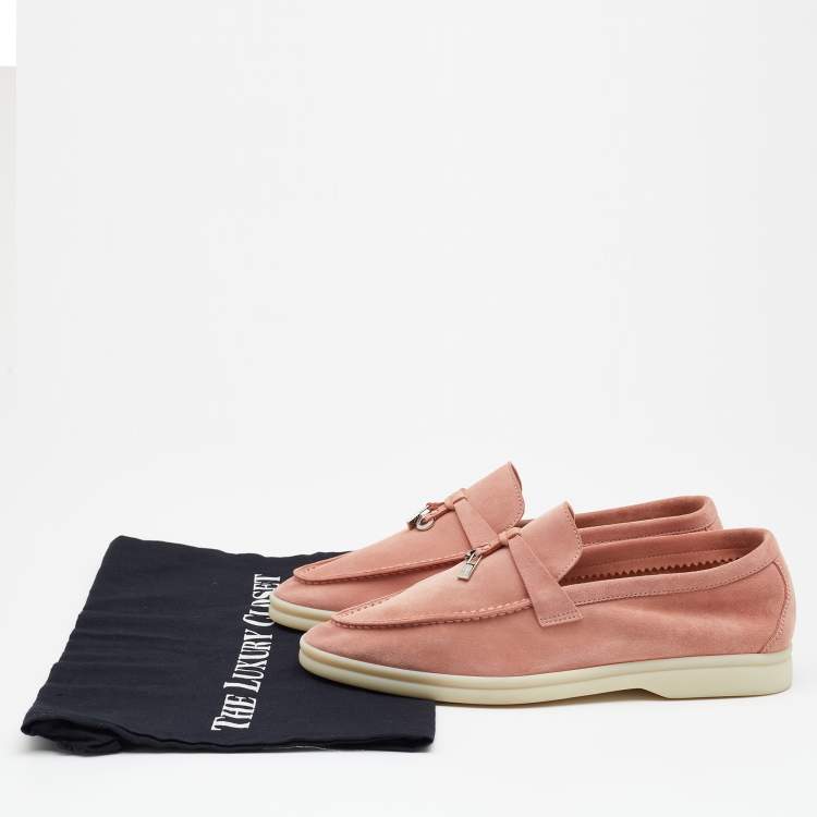 Pre Owned Loro Piana Pink Suede Summer Charms Walk Slip On Loafers Size 38