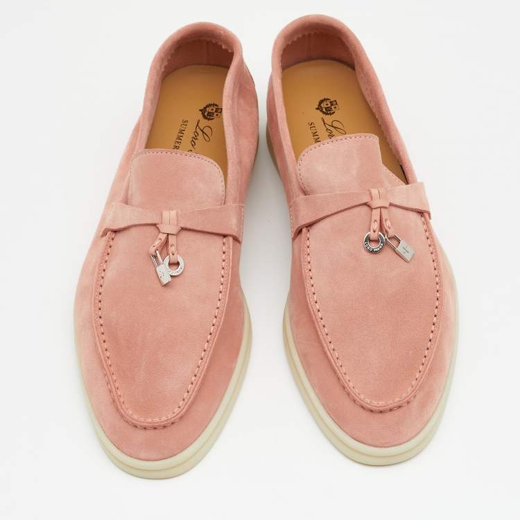 Pre Owned Loro Piana Pink Suede Summer Charms Walk Slip On Loafers Size 38