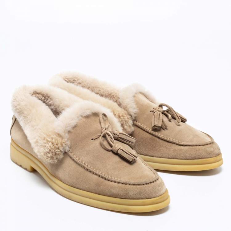 Pre Owned Loro Piana Beige Suede and Fur Fringe Bow Loafers Size 38
