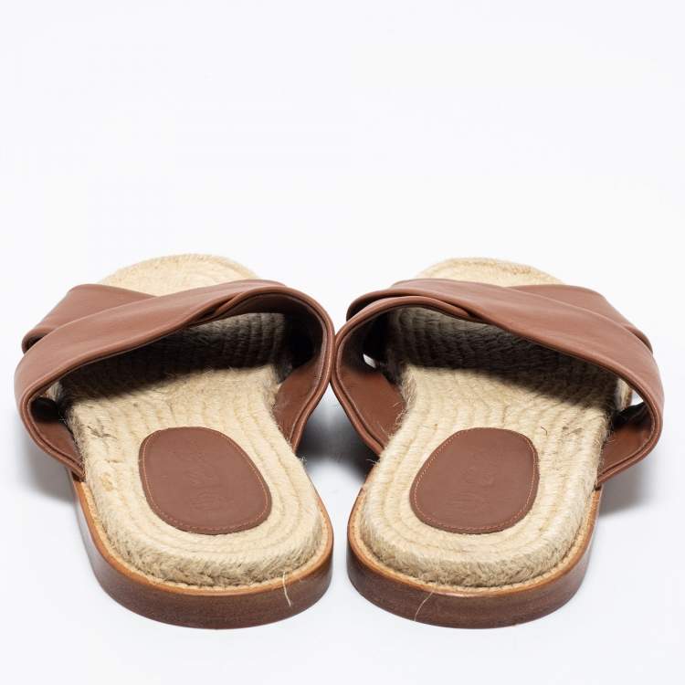 Pre Owned Loro Piana Brown Leather Crisscross Espadrille Sandals Size 38.5