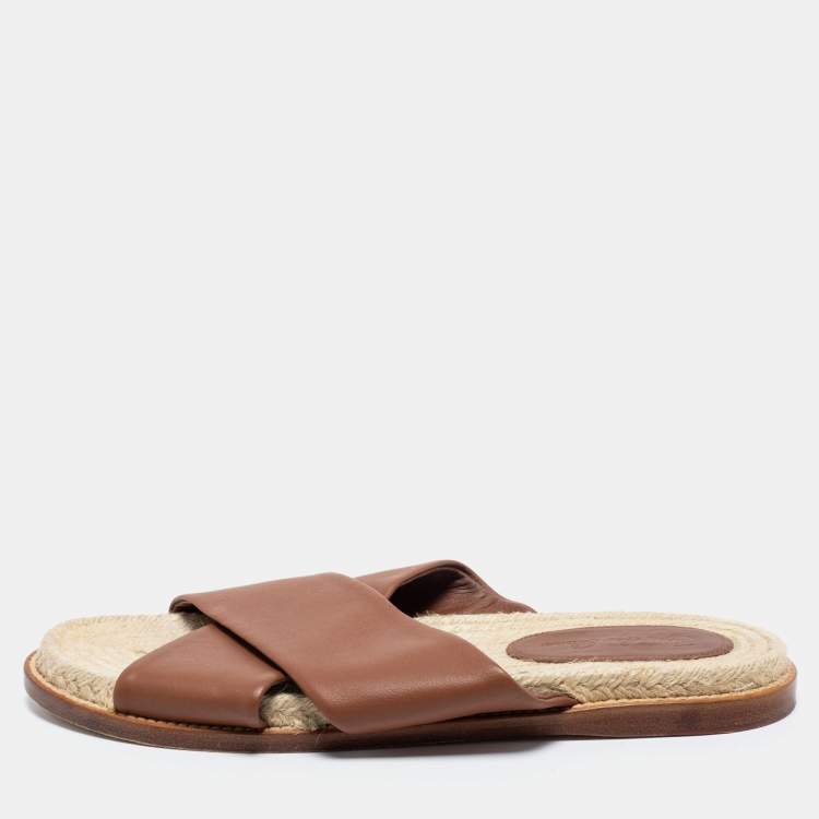 Pre Owned Loro Piana Brown Leather Crisscross Espadrille Sandals Size 38.5