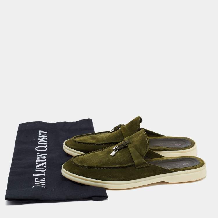 Pre Owned Loro Piana Army Green Suede Babouche Charms Walk Flat Mules Size 36