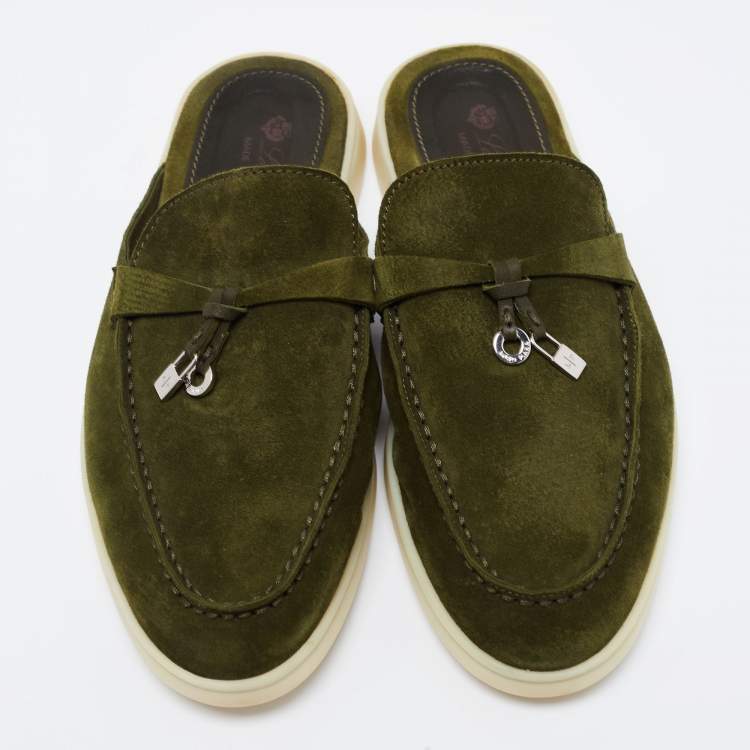 Pre Owned Loro Piana Army Green Suede Babouche Charms Walk Flat Mules Size 36