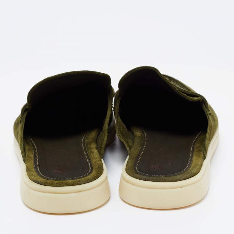 Pre Owned Loro Piana Army Green Suede Babouche Charms Walk Flat Mules Size 36