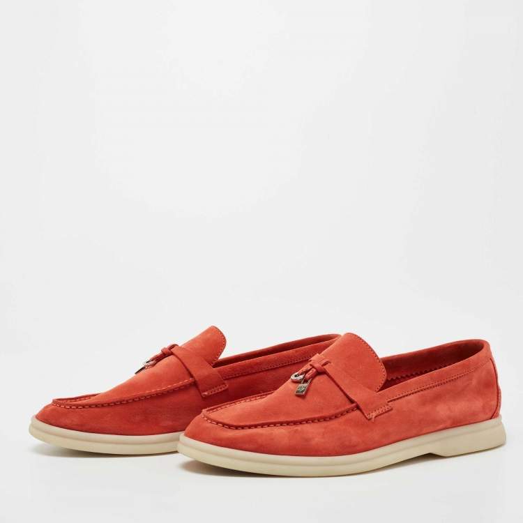 Pre Owned Loro Piana Coral Orange Suede Summer Charms Walk Loafers Size 37